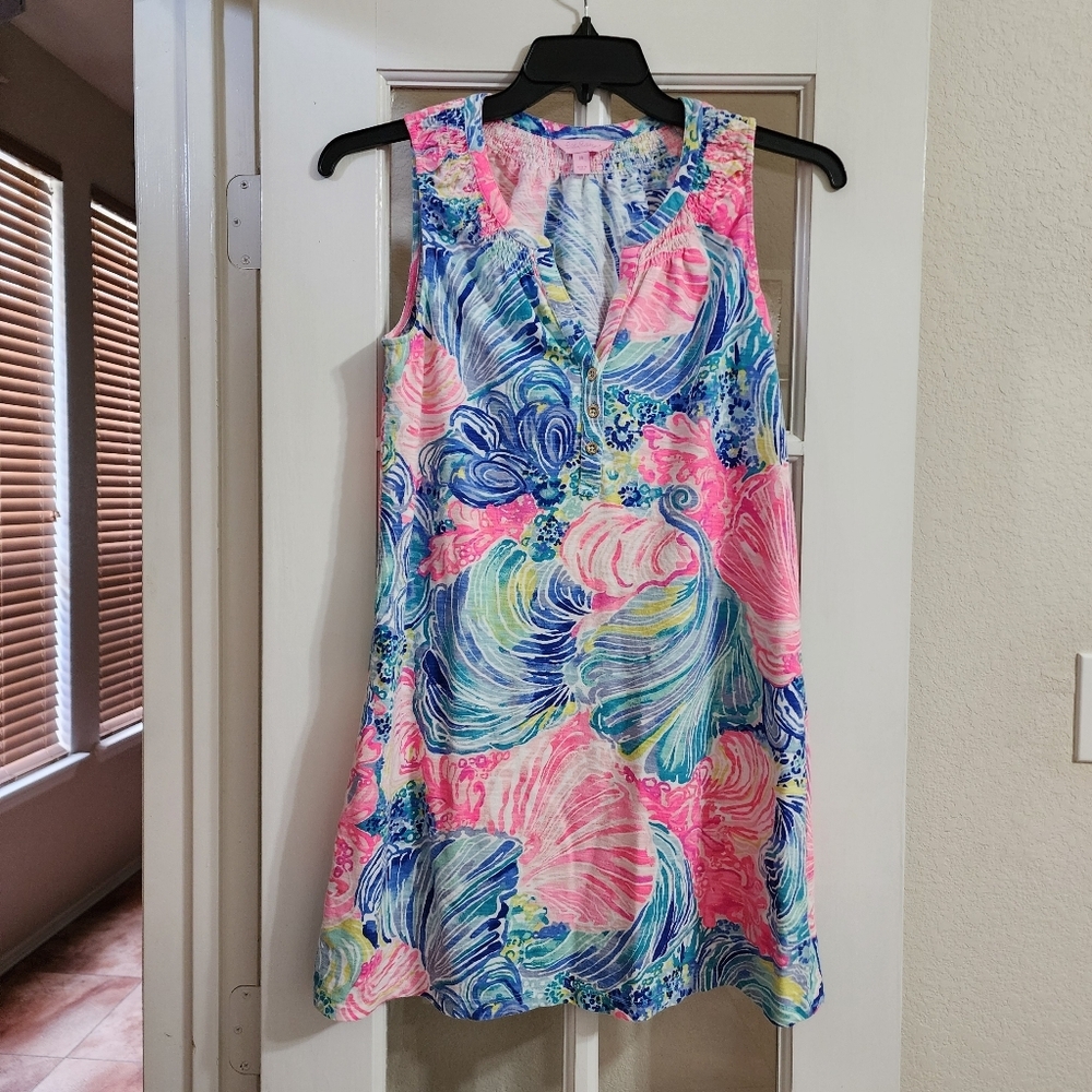 Lilly Pulitzer Floral Tropical Sleeveless Shift Dress Style 20918 Pink Blue M